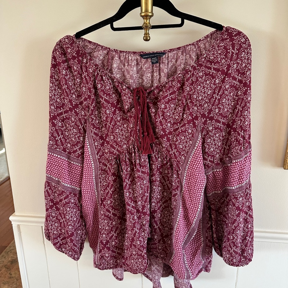 Red and Pink Tie Front Blouse with Flared Sleeves